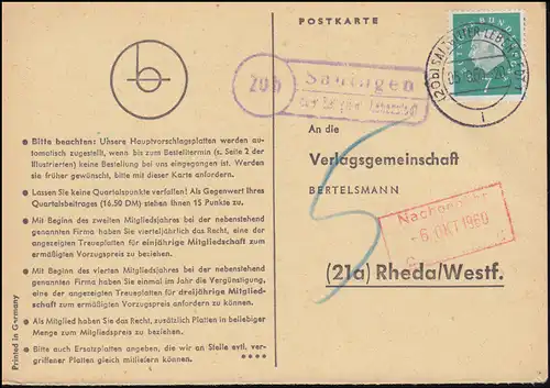 Landpost Sauingen über SALZGITTER-LEBENSTEDT 5.10.1960 auf Postkarte nach Rheda