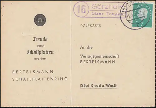 Pays-Bas: Görzhain via TREYSA 15.8.19.1960 sur carte postale vers Rheda/Westf.