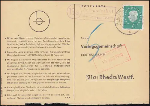 Payspost Schweinthal via FORCHHEIM (OBERFR) 17.8.19.60 sur carte postale vers Rheda