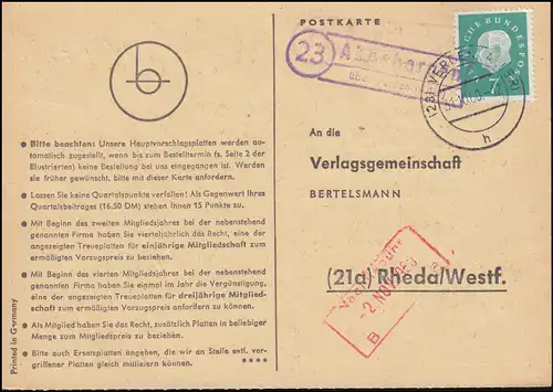 Landpost Ahnebergen über VERDEN 31.10.19.1960 auf Postkarte nach Rheda/Westf.