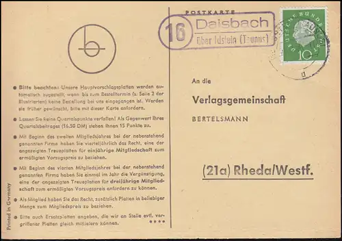 Landpost Daisbach über IDSTEIN (TAUNUS) 11.11.1960 auf Postkarte nach Rheda
