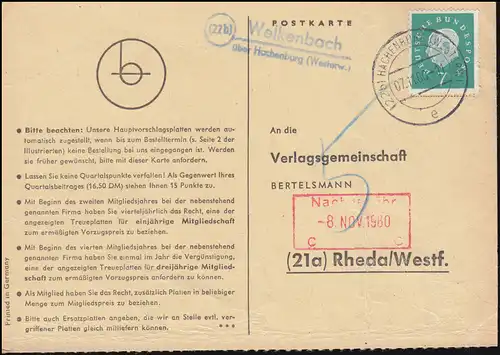 Landpost Welkenbach sur HAHENBURG 7.11.1960, Pk (Knick) vers Rheda/Westf.