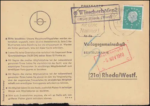Landpost Wiescherhöfen 2 über HAMM (WESTF) 4.11.1960 auf Postkarte nach Rheda