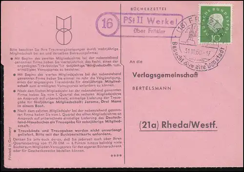 Landpost PSt II Werkel über Fritzlar auf Bücherzettel SSt FRITZLAR 31.10.1960