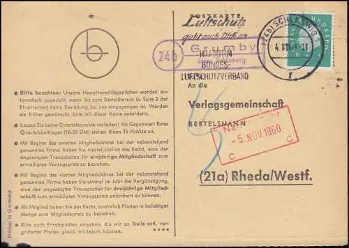 Landpost Grumby über SCHLESWIG 4.11.60 auf Postkarte nach Rheda/Westfalen