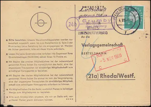 Landpost Grumby via SCHLESWIG 4.11.60 sur carte postale vers Rheda/Westfalen