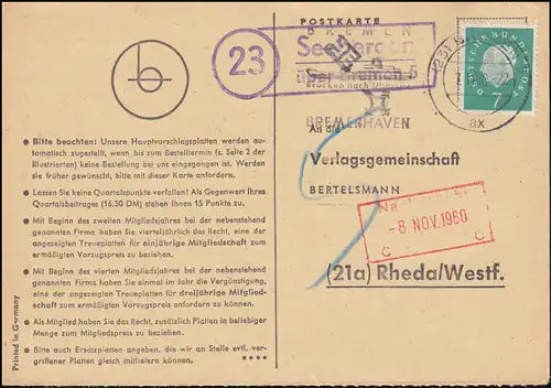 Landpost Seebergen sur BREMEN 5 - 7.11.1960 sur carte postale vers Rheda/Westf.