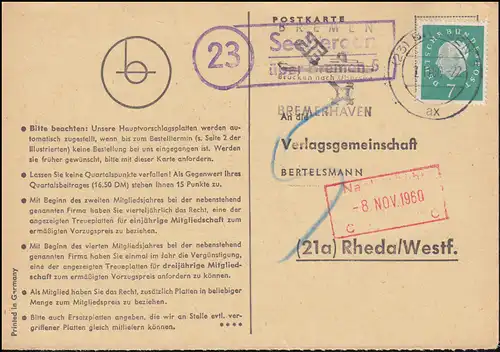Landpost Seebergen über BREMEN 5 - 7.11.1960 auf Postkarte nach Rheda/Westf.