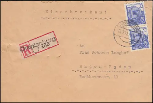 417 Fünfjahrplan 35 Pf. MeF auf R-Brief Not-R-Zettel ORANIENBURG 15.3.57 