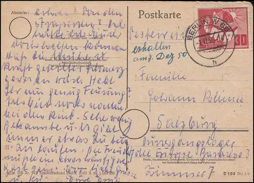 250 Tag der Arbeit 1. Mai 30 Pf EF auf Postkarte BERLIN 1.12.1950 nach Salzburg