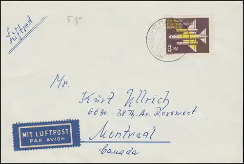 614 Flugpostmarke 3 DM auf Luftpost-Brief HERMSDORF (THÜR.) 21.3.63 nach Kanada