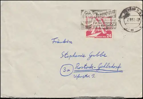 282 Foire Leipzig 24 Pf comme EF sur lettre promotion-O Festival mondial BERLIN 7.8.1951
