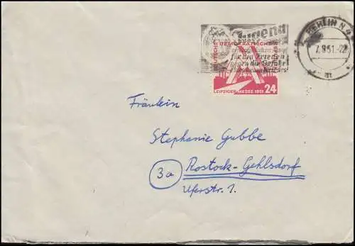 282 Messe Leipzig 24 Pf als EF auf Brief Werbe-O Weltfestspiele BERLIN 7.8.1951