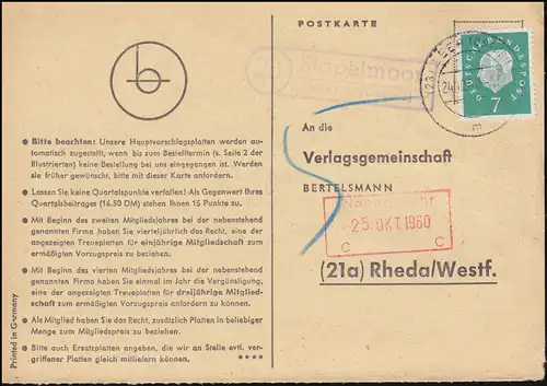 Landpost Stapelmoor über LEER (OSTFRIESL) 24.10.1960 auf Postkarte nach Rheda