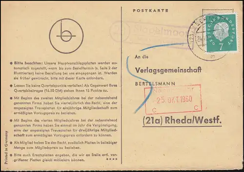 Landpost Stapelmoor via LEER (OSTFRIESL) 24.10.1960 sur carte postale vers Rheda