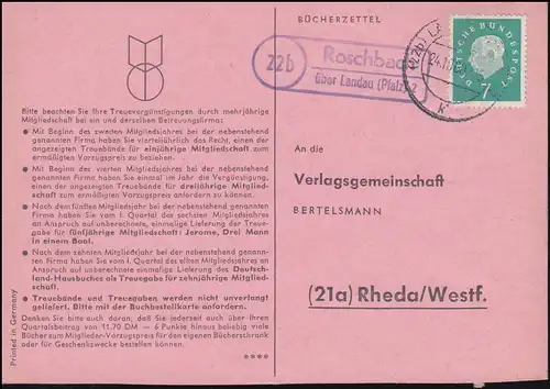 Landpost Roschbach via LANDAU (PFALZ) 2 - 24.10.1960 sur carte postale vers Rheda