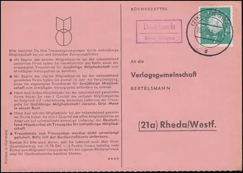 Landpost Kastenstempel Bürbach über SIEGEN 19.10.1960 auf Postkarte nach Rheda