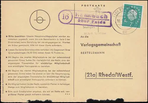 Payspost Haimbach via FULDA 10.9.1960 sur carte postale vers Rheda/Westf.
