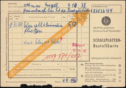 Payspost Haimbach via FULDA 10.9.1960 sur carte postale vers Rheda/Westf.