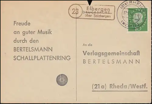 Pays-Bas: Elbergen sur Salzberg, carte postale RHEINE 17.9.60 vers Rheda/Westf.