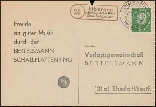 Pays-Bas: Elbergen sur Salzberg, carte postale RHEINE 17.9.60 vers Rheda/Westf.