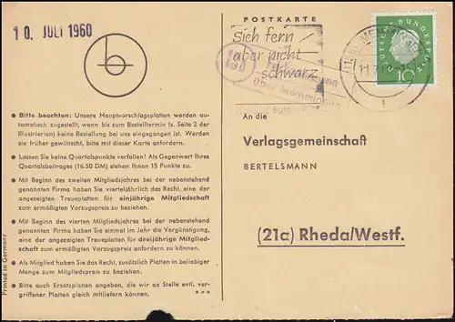 Landpost Frickenhausen via MEMMINGEN 11.7.1960 sur carte postale vers Rheda/Westf.