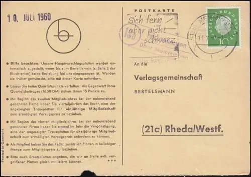 Landpost Frickenhausen via MEMMINGEN 11.7.1960 sur carte postale vers Rheda/Westf.