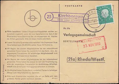 Landpost Kirchborgum über LEER (OSTFRIESL.) 22.11.1960 auf Postkarte nach Rheda