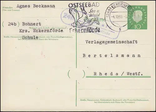 Landpost Bohnert über ECKERNFÖRDE 4.10.1960 auf Postkarte nach Rheda/Westf.