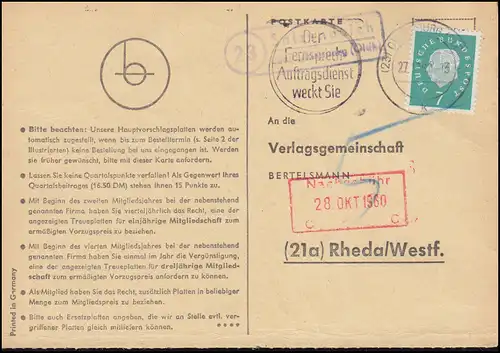 Landpost Salzendeich über OLDENBURG 27.10.1960 auf Postkarte nach Rheda/Westf.