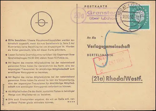 Landpost Granstedt via LÜCHOW 10.10.1960 sur carte postale vers Rheda/Westf.