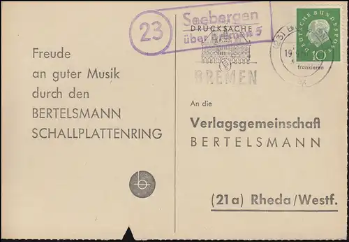 Landpost Seebergen sur BREMEN 5 - 19.9.1960 sur carte postale vers Rheda/Westfalen
