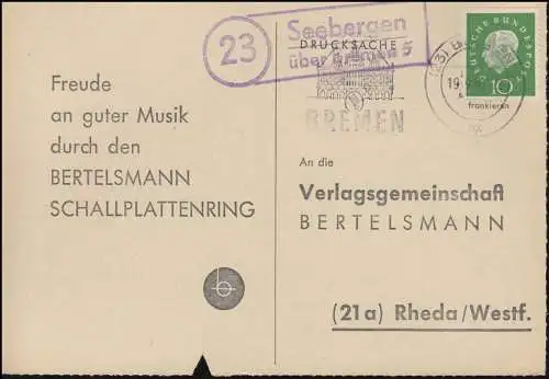 Landpost Seebergen sur BREMEN 5 - 19.9.1960 sur carte postale vers Rheda/Westfalen