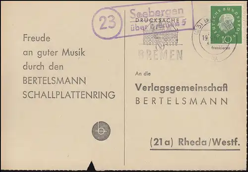 Landpost Seebergen über BREMEN 5 - 19.9.1960 auf Postkarte nach Rheda/Westfalen