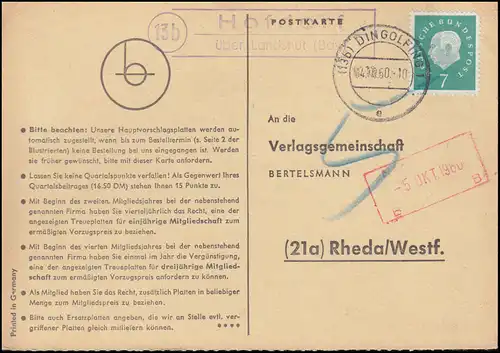 Landpost Hofdorf via Landshut (Bay) sur carte postale DINGOLFING 4.10.60 après Rheda