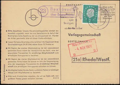 Landpost Bexhövede über BREMERHAVEN 3.11.60 auf Postkarte nach Rheda/Westf.