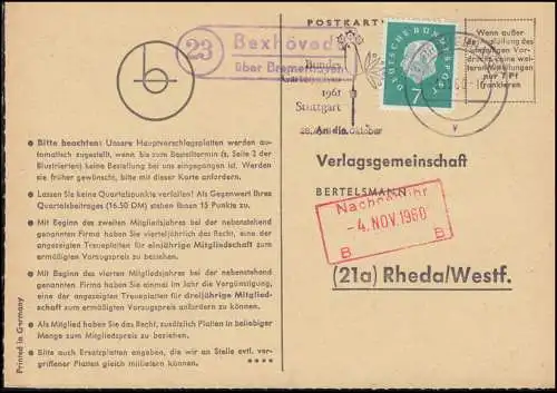 Pays-Bas Bexhövede via BREMERHAVEN 3.11.60 sur carte postale vers Rheda/Westf.