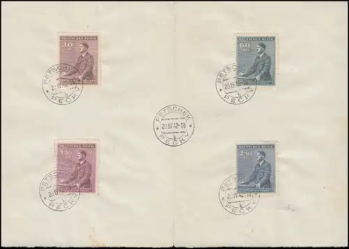 85-88 Anniversaire 1942 Ensemble avec cachet du premier jour PETSCHEK 20.4.42 sur feuille de présentation