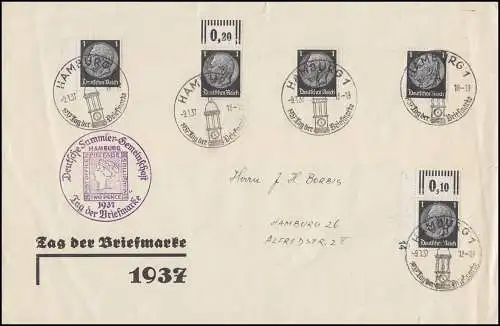 Sonderstempel HAMBURG Tag der Briefmarke 9.1.1937 auf fünf Marken 512 auf Brief