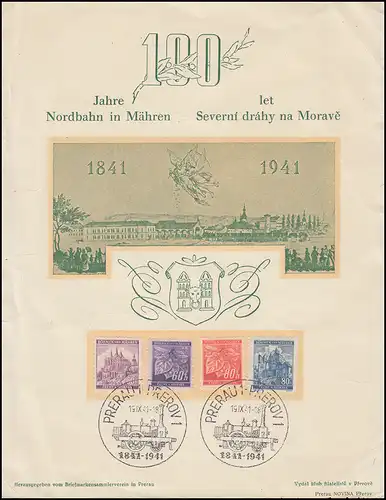 Böhmen-Mähren 100 Jahre Nordbahn Mähren SSt PRERAU 19.9.1941 auf Schmuckblatt