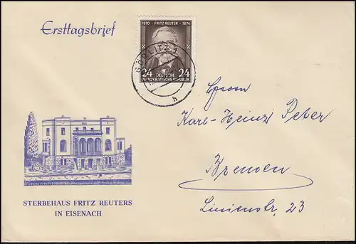 430 Fritz Reuter EF sur bijoux-FDC premier jour Tampon GÖRLITZ 12.7.54 à Brême