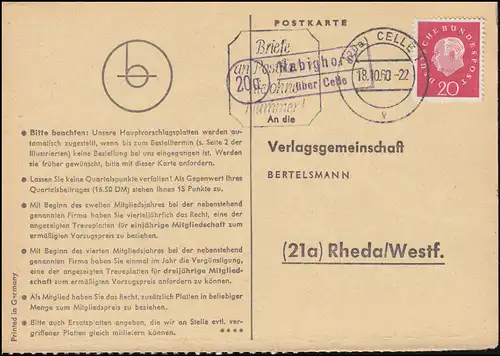 Landpost Habighorst über CELLE 18.10.1960 auf Postkarte nach Rheda/Westf.