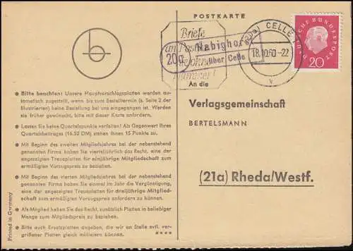 Landpost Habighorst über CELLE 18.10.1960 auf Postkarte nach Rheda/Westf.