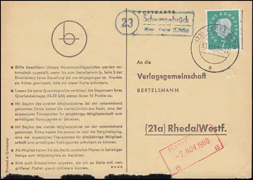 Landpost Schweinebrück über VAREL (OLDENB) 30.10.1960 auf Postkarte nach Rheda