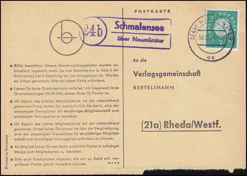 Landpost Schmalensee über NEUMÜNSTER 30.10.1960 auf Postkarte nach Rheda/Westf.