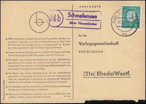 Landpost Schmalensee via NEUMCHUNSTER 30.10.1960 sur carte postale vers Rheda/Westf.