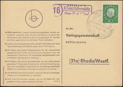 Landpost Kilianstädtermühle über Bad Vilbel, Postkarte SSt BAD VILBEL 24.10.1960