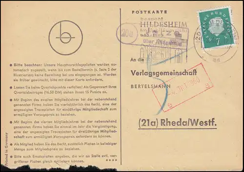 Landpost Jerze über HILDESHEIM 3.10.1960 auf Postkarte nach Rheda/Westf.