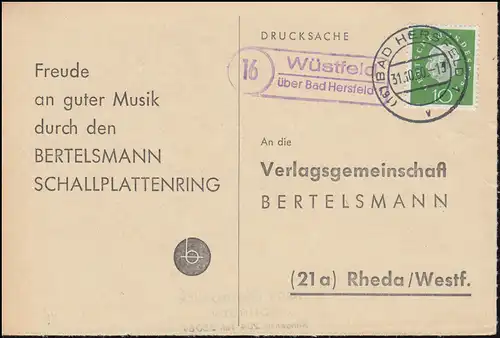 Landpost Wüstfeld au sujet de BAD HERSFELD 31.10.1960 sur l'impression après Rheda/Westf.