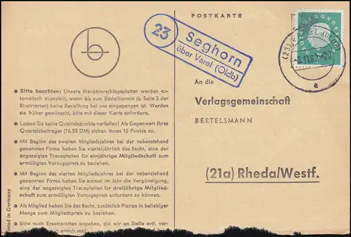 Landpost Seghorn via VAREL (OLDB) 3.11.1960 sur carte postale vers Rheda/Westf.